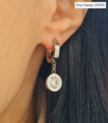 Сережки кільця, Римський годинник з камінцем, колір срібні, Stainless Steel 240531 фото 3