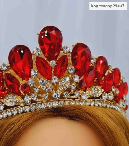 Диадема "Роскошная" украшена Красными и Блестящими камнями, в золотом цвете, 5,5см наивысшая точка 294147 фото 2