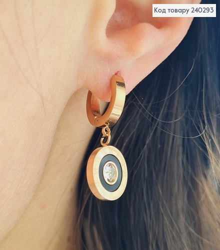 Серьги кольца с подвеской "Римские часы" с камешком, Stainless Steel 240293 фото 2