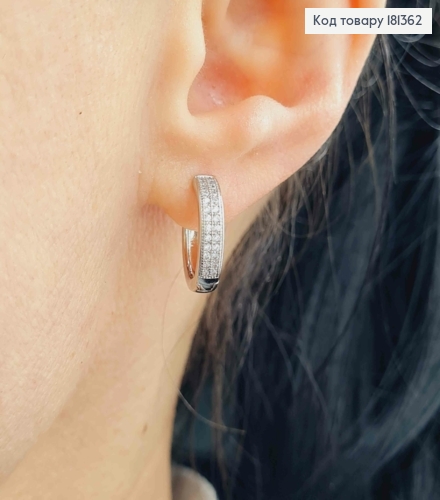 Серьги родованные, кольца 1,5см с двумя строчками камней, Xuping 181362 фото 2
