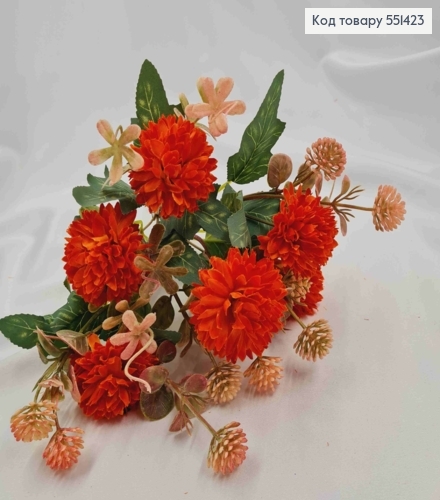 Искусственная композиция Хризантемы, ОРАНЖЕВО-КРАСНОГО цвета, 6 веточек, 6 цветов, высота 29см 551423 фото 2