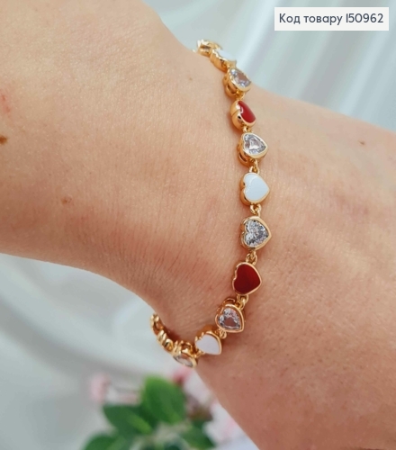 Браслет "Сердца трех" с белым, красным и прозрачным камнем 17+3см, Xuping 18K 150962 фото 2