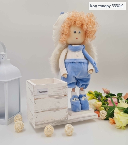 Кукла АМУРЧИК (32см) в голубых штанишках с деревянным кашпо (11*11см) см,ручная работа, Украина. 333019 фото 2