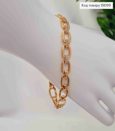 Браслет плетения Квадратными пластинами с блестящими камешками, длина 17+2см, Xuping 18K. 151099 фото 2