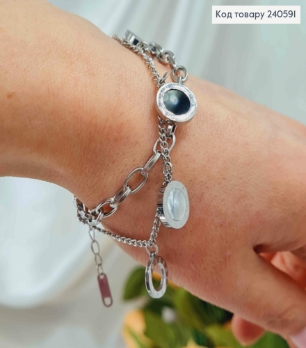 Браслет 16+4см Van Cleef 3 підвіски з чорною і перламутр. емаллю, колір срібний, Stainless Steel 250015 фото 3