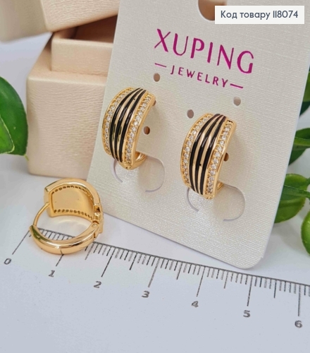Серьги кольца с Камешками и Черной эмалью, диаметр 1,6см, Xuping 18К. 118074 фото 2