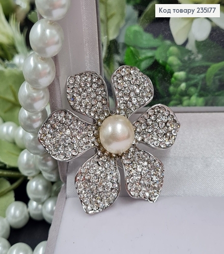 Брошка метал Цветок серебро с камушками  и жемчужиной 5х5см 235177 фото 2