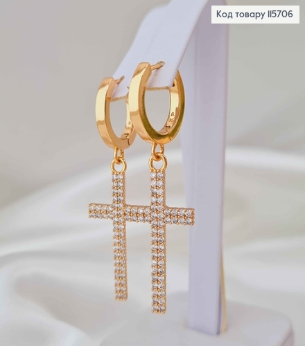 Серьги кольца 1,3см, с подвеской Крестиками в камешках 4см, Xuping 18K 115706 фото 3