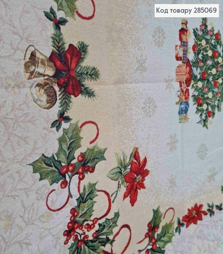 Скатерть новогодняя "Гобилен", с золотой парчой, рисунки Пуансетий, колокольчики, размер 140*220см 285069 фото 3