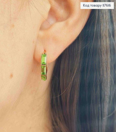 Серьги кольца с тремя Салатовыми камешками сваровски, диаметр 1,7см, Xuping 18К 117616 фото 2