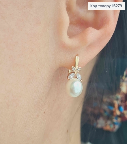 Серьги, Бабочка в камешках с жемчужиной 7мм, англ. зам. Xuping 18К 116279 фото 2