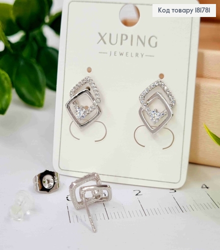Серьги родованные гвозди "Двойной Ромб" с блестящими камешками, 1,4см, Xuping 181781 фото 2