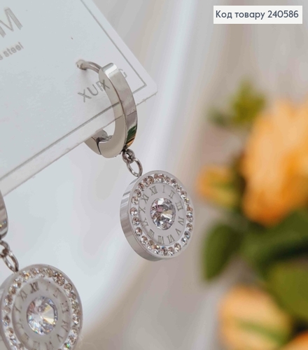 Серьги кольца, Римские часы с камешком, цвет серебряные, Stainless Steel 260058 фото 2