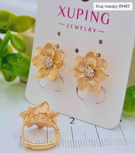 Серьги кольца овальные "Цветочек" с блестящими камешками, 1,4см, Xuping 18К. 119483 фото 2