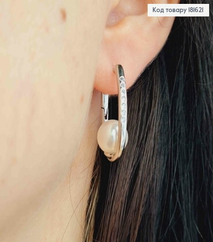 Серьги родованные Овальные украшены камешками с жемчужиной, длина 2,5см, англ застежка, XUPING 181621 фото 3