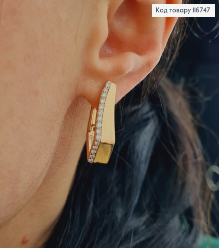 Сережки стріли-пластинки з лінією камінців, 2,5см, англ. застібка, Xuping 18K 116747 фото 2