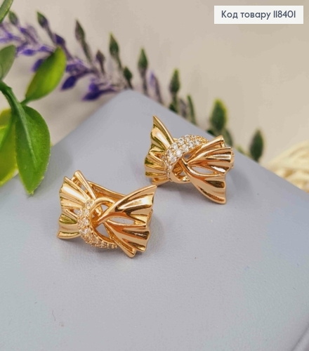 Сережки "Феєричний Бантик" з Блискучими камінцями, 1,6см, англійська застібка, Xuping 18К 118401 фото 2