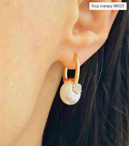 Серьги кольца с жемчужкой и звездочкой в камешках, 2,2см, Xuping 18K 118023 фото 3