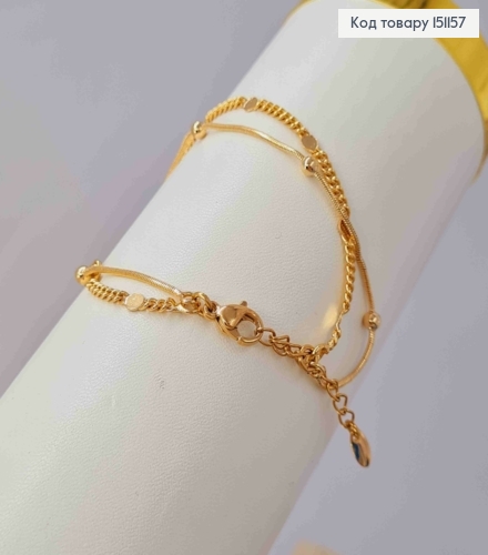 Браслет двойной, ПАНЦИРНОЕ ПЛЕТИНИЕ + СНЕЙК с шариками и пластинками, длина 17+3см, Xuping 18К 151157 фото 3