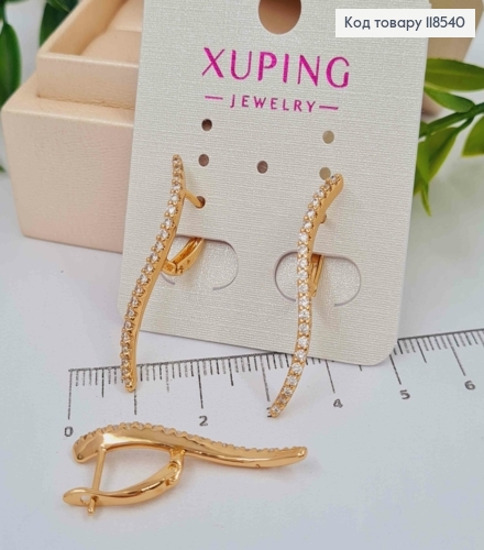 Сережки "Стильні" прикрашені Блискучими камінцями в один ряд, 3,3см, англійська застібка, Xuping 18К 118540 фото 3