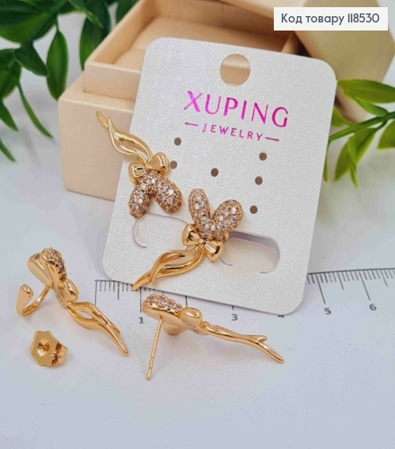 Серьги гвозди + каффи, Сердце в камешках с Бантиком, 3,2см. XUPING 18K 118530 фото 2