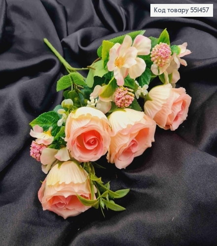 Штучна композиція Троянди з Жасміном, РОЖЕВО-КРЕМОВІ, 7 гілочок на метал. стержні, висота 33см 551457 фото 2