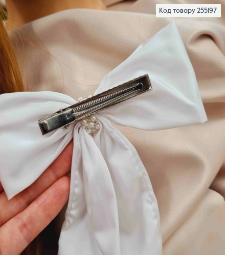 Заколка (7,5см) БАНТ БЕЛОГО цвета с Бусинками, легкий атлас, размер 12*17см, Украина. 255197 фото 2