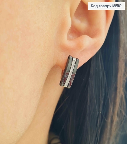 Серьги родованные, прямоугольные с камешками в одну строку и черными вставками, англ. зам, 1,5см Xuping 181510 фото 2