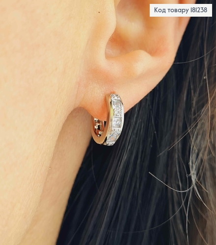 Серьги кольца родованные, 1см, С тремя квадратными камешками, Xuping 181238 фото 2