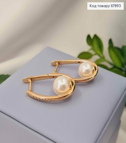Серьги Овальные украшены камешками с жемчужиной, длина 2,5см, англ застежка, XUPING 18K 117893 фото 2