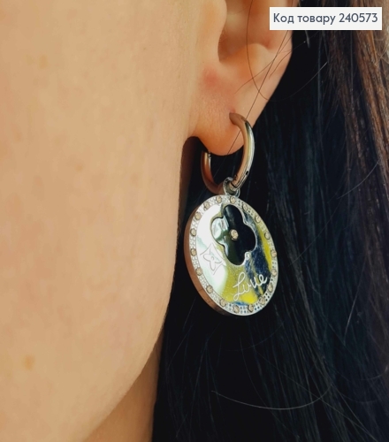 Серьги кольца, подвески "LV", с черной эмалькой, камешками, 1,5см, серебряного цвета, сталь Stainless Steel 260046 фото 3