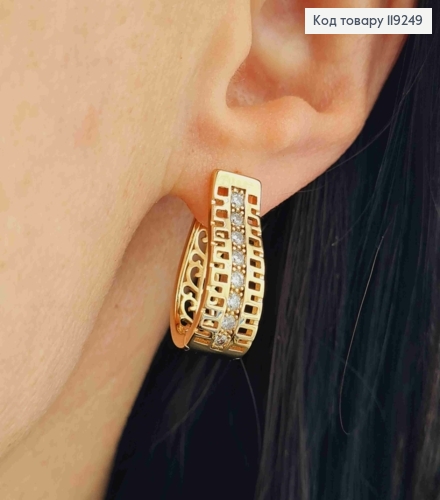 Серьги Ажурные Овальные украшены Блестящими камешками, длина 2,2см, итал. застежка, Xuping 18K 119249 фото 3