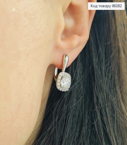 Сережки родованные, с большим квадратным камешком в оправе из камешков, 2см, англ. зам. Xuping 181282 фото 2