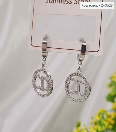 Серьги кольца серебряного цвета с подвеской "СD" в камнях сталь Stainless Steel 240328 фото 2