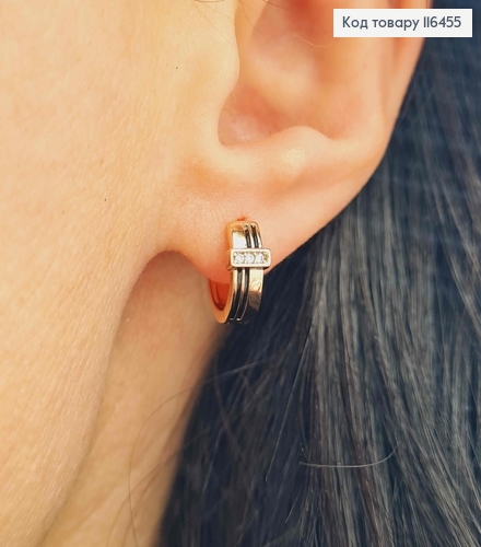 Серьги кольца 1см, с камешками ты черными линиями, Xuping 18К 116455 фото 2