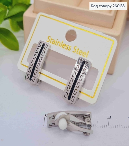 Сережки кліпси срібного кольору, ВЕРСАЧЕ з Чорними камінцями, 2*0,6см, Stainless Steel 260188 фото 2