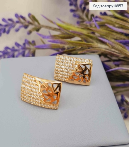 Серьги прямоугольные "Ажурные" украшены Блестящими камешками, 1,8*1,2см, англ застежка, XUPING 18K 118153 фото 2