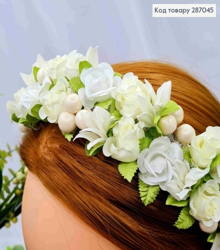 Обруч-віночок, плетений,  Троянди з Калиною, КРЕМОВОГО кольору, ручна робота, Україна 287045 фото 2