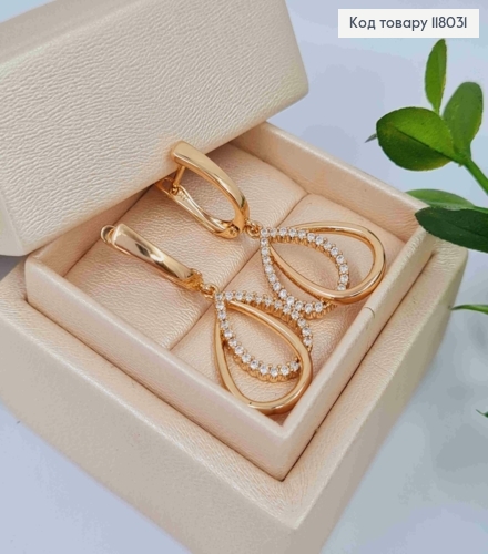 Серьги с подвесными двойными каплями с камешками, 1,5+2,3см, англ. застежка, Xuping 18K 118031 фото 2