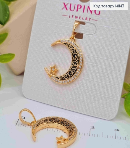 Кулон "Полумесяц" со Звездочкой, черный, в камнях, 2см, Xuping 18K 141143 фото 2