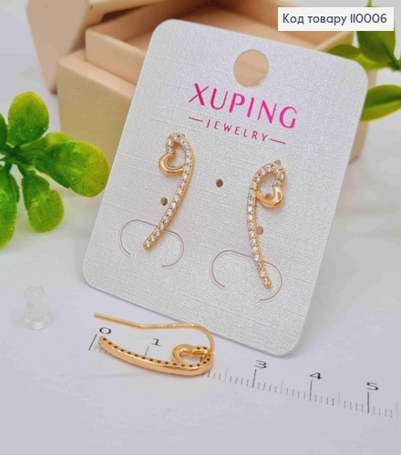 Серьги крючки "Космическое Сердце" с Блестящими камешками, размер 2,1см, Xuping 18К 110006 фото 2