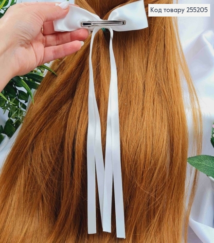 Заколка (6см) БАНТ БЕЛОГО цвета, ткань атлас, размер 12*25см, Украина 255205 фото 3