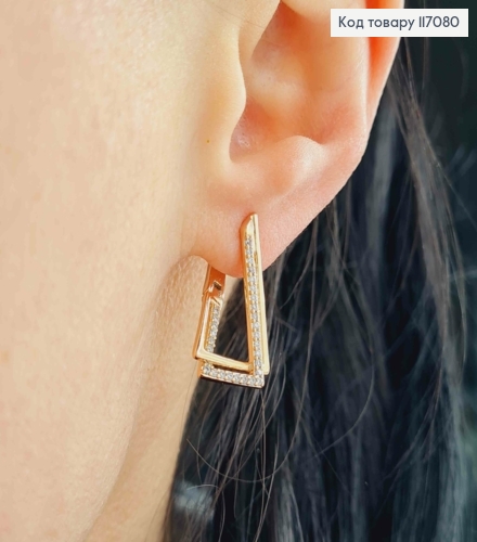 Серьги, Двойные треугольнички с камешками, 2см, англ. зам, Xuping 18К 117080 фото 2