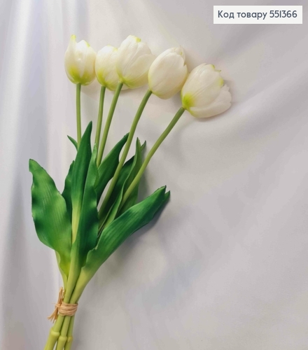 Искусственные цветы ТЮЛЬПАН Пионовидный, Белого цвета (латексные), 5шт/букет, выс. 38см, цветок 4см 551366 фото 4