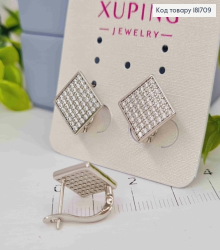 Серьги родованные "Ромбы" украшены Блестящими камешками, 1,5см, английская застежка, Xuping 181709 фото 2
