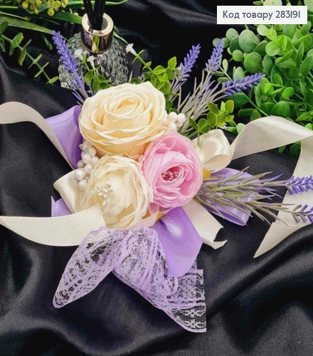 Повязка для корзины Молочно Розовые пионы с ЛАВАНДОЙ на завязках, размер: 20*20см, Украина 283191 фото 2