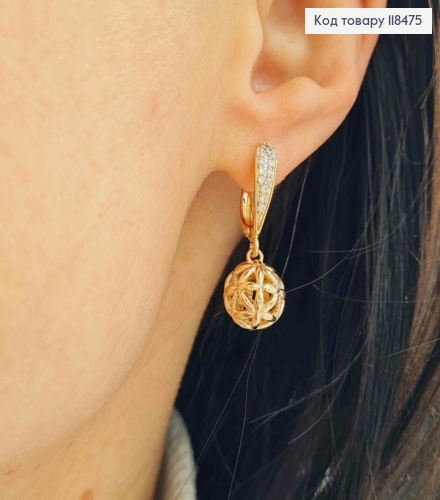 Серьги с подвесным ажурным шариком, 1,7+1см, англ. застежка, XUPING 18K 118475 фото 2