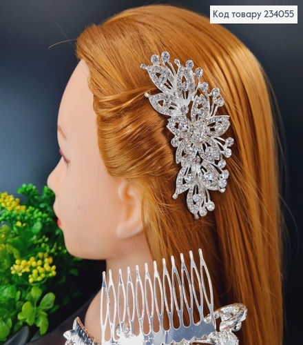 Гребень для волос в камнях 10см, ЦВЕТОЧЕК серебряного цвета 234055 фото 2