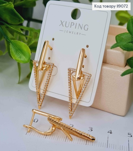 Серьги с подвеской "Треугольники" с Блестящими камешками, 3,4см, английская застежка, XUPING 18K 119072 фото 2