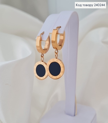 Серёжки кольца 1.2 см Римские часы с чёрной эмалью, цвет золотые, Stainless Steel 240244 фото 2